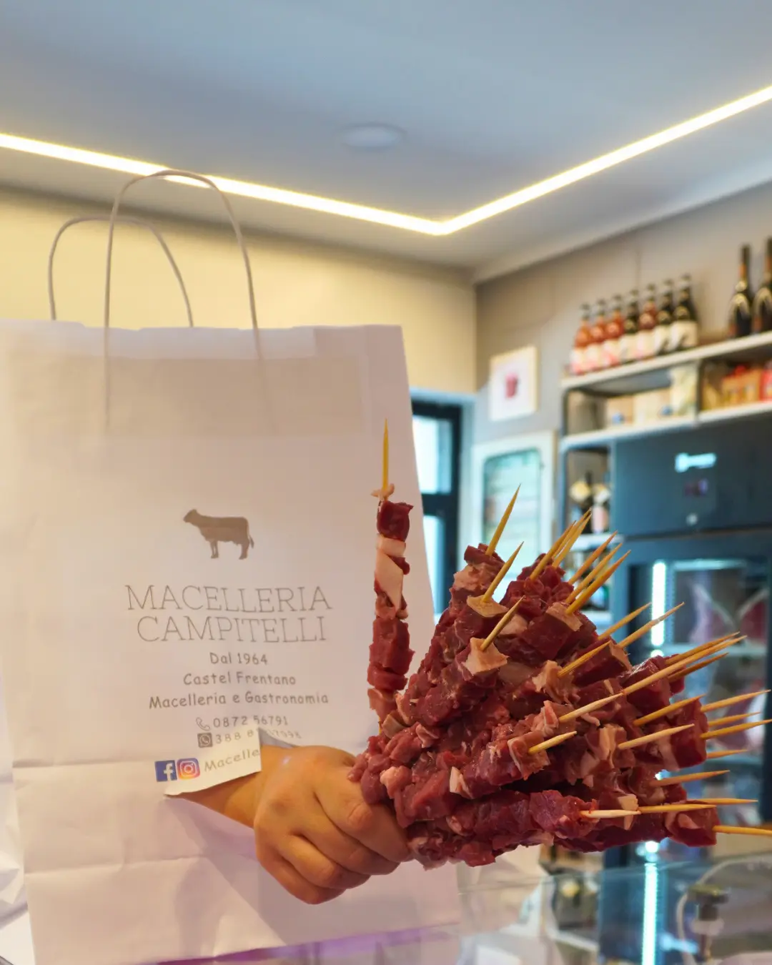 immagine artistica di una mano che contine arrosticini che esce fuori da una shopper di macelleria campitelli